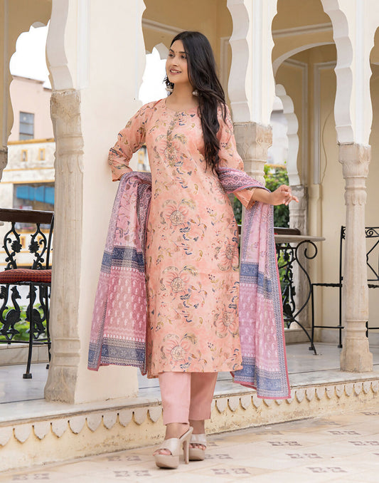 Kaajh Women's Peach Floral Printed Modal Suit Set
