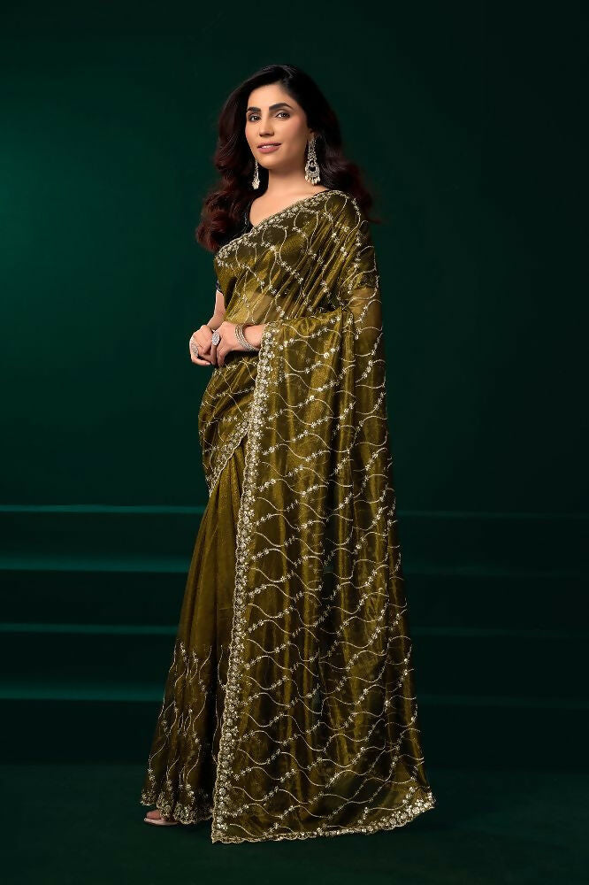 Joban Fashion Mehandi Green Net Party Wear Sarees