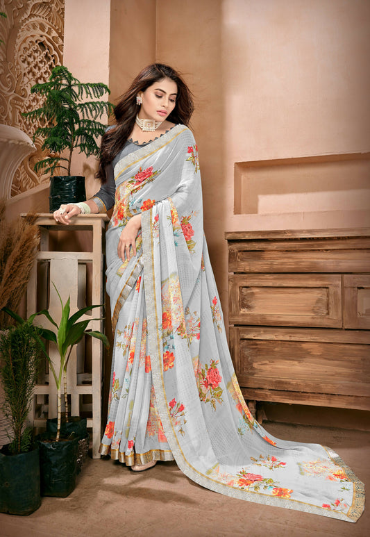 Grey Georgette Floral Printed Saree With Unstitched Blouse Piece - Jyoti