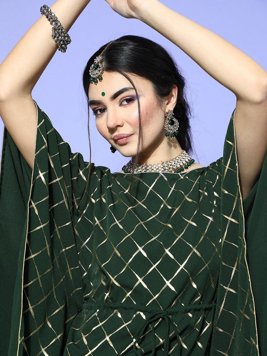 Janasya Women Green Checked New Age Kaftan Kurta