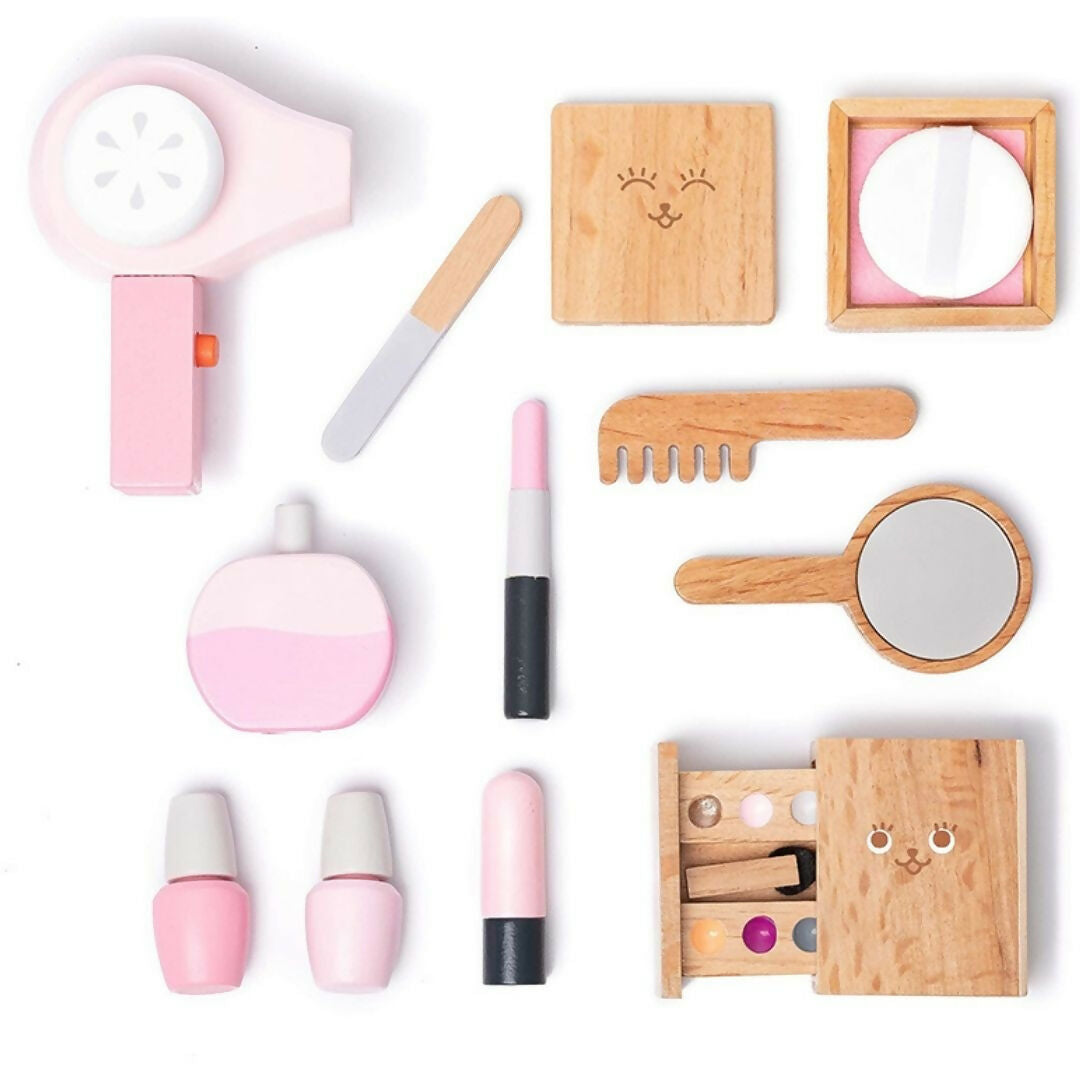 Nesta Toys Wooden Makeup Toy, Girls Salon Playset, Beauty Salon Play Set with Vanity and Accessories (12 Pcs)