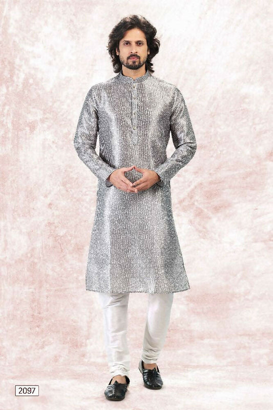 Raivat Ethnic Jacquard Banarasi Silk Digital Print Kurta Pajama In Grey Colour
