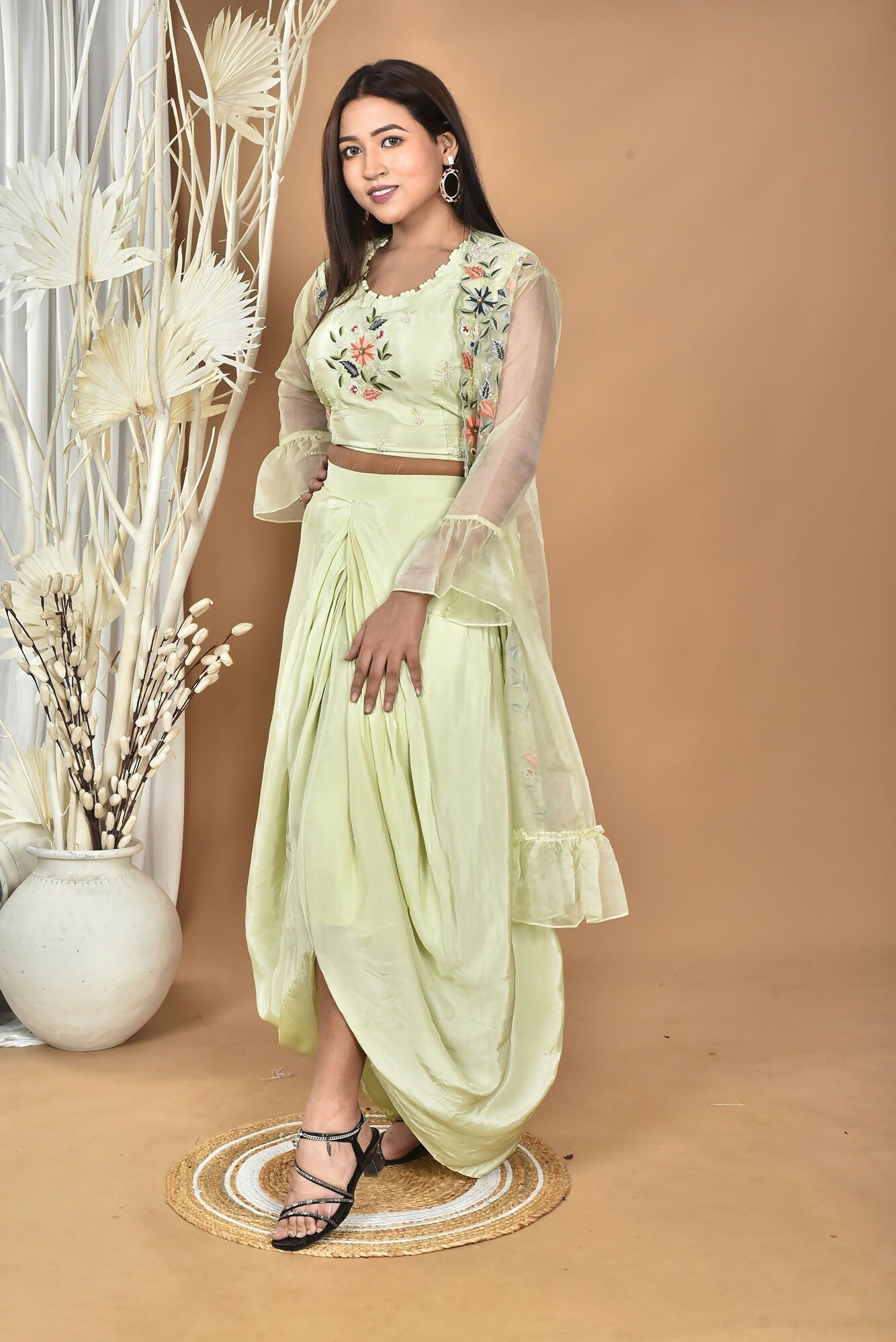 Morchari Women Hand Embroidery Crop Top-Light Green 