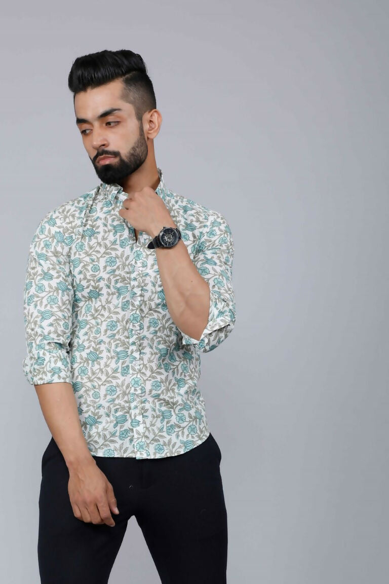 Miravan Men's Spread Collar White & Green Floral Print Slim Fit Shirt 