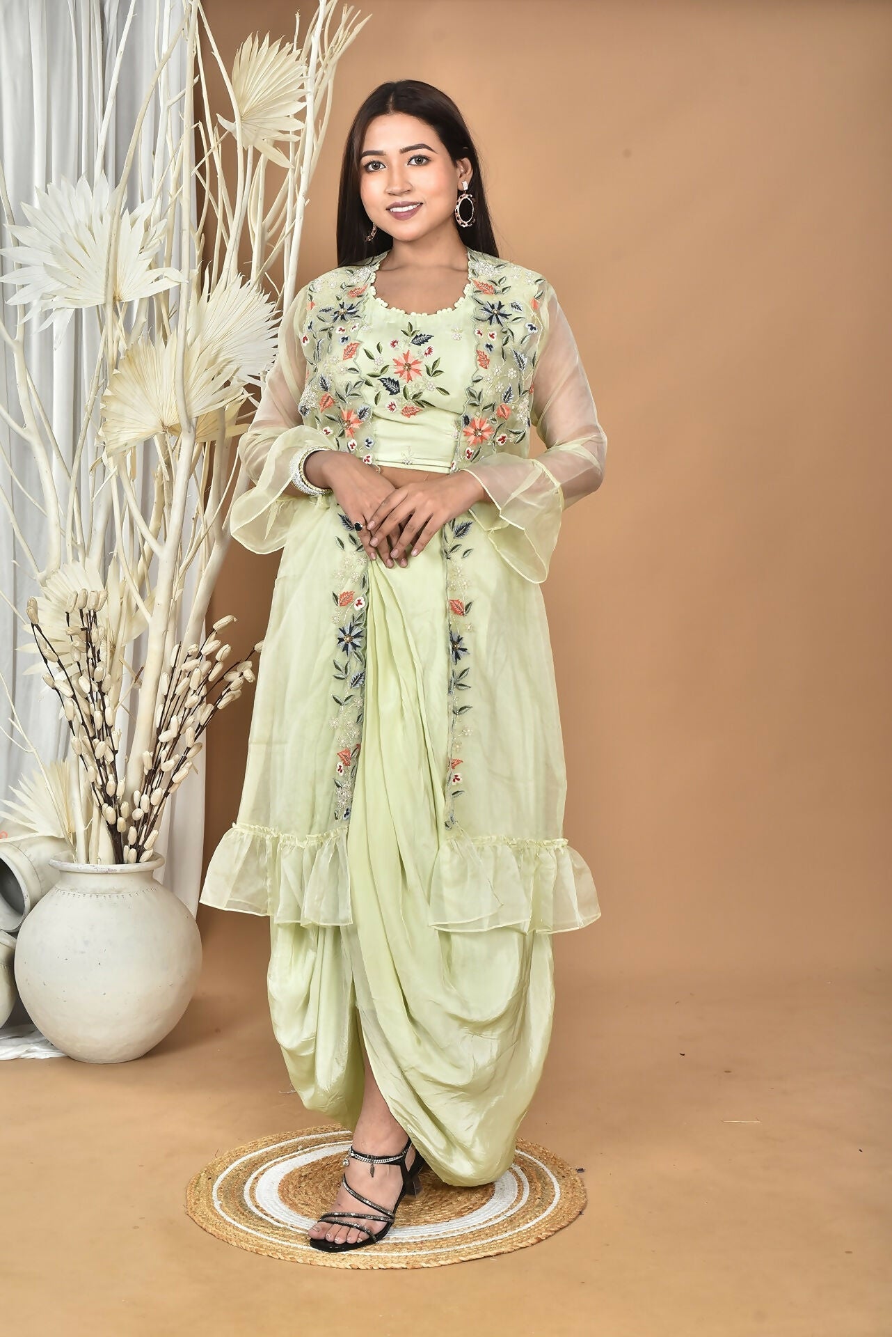 Morchari Women Hand Embroidery Crop Top-Light Green 