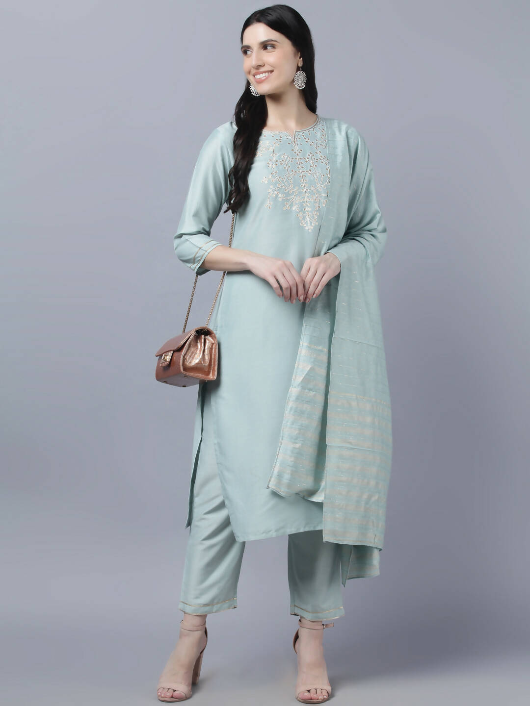 Myshka Women Grey Yoke Design Gotta Patti Kurta with Trousers Dupatta Set