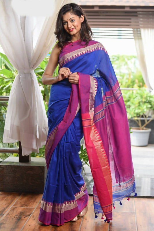 Very Much Indian Pure Cotton Handloom Saree With Intricate Borders - Blue - Grab2buy