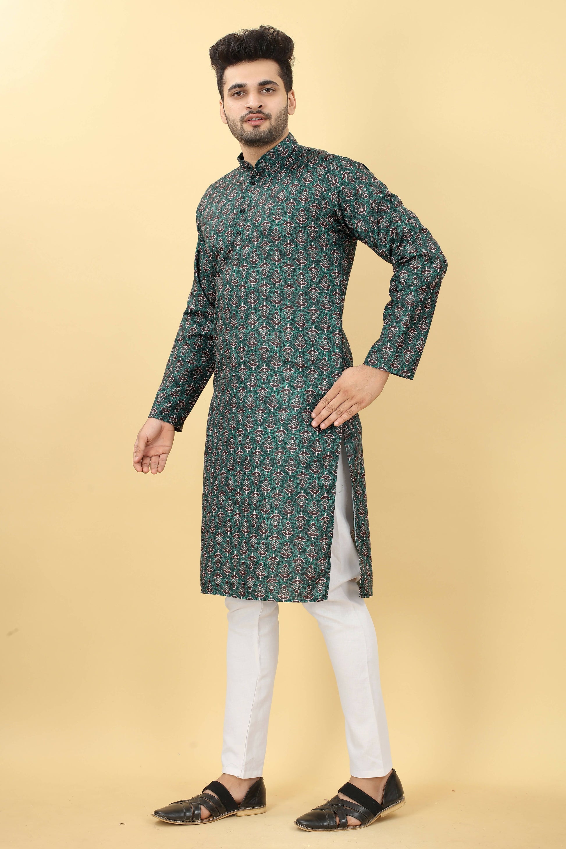 Teal Cotton Printed Men's Kurta - Mahotsav