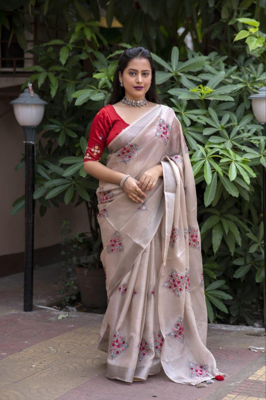 Fossil Pure Linen Ethnic Motifs Saree with Unstitched Blouse - A2M