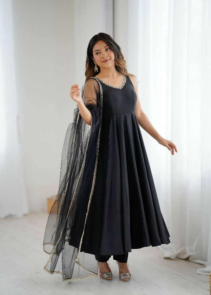 Joban Fashion Black Kurta Set Chanderi Sequence Embroidery Work 