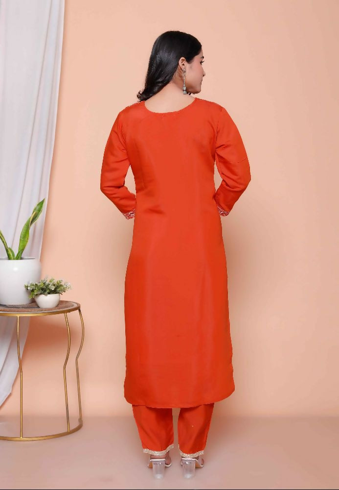 Miravan Womens Orange Embroidered Straight Kurta With Palazzo And Dupatta Set