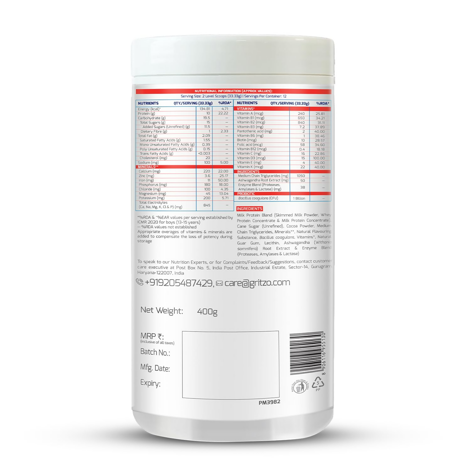 Gritzo SuperMilk Weight+ (13+y Boys), 10g Protein Powder (Double Chocolate)