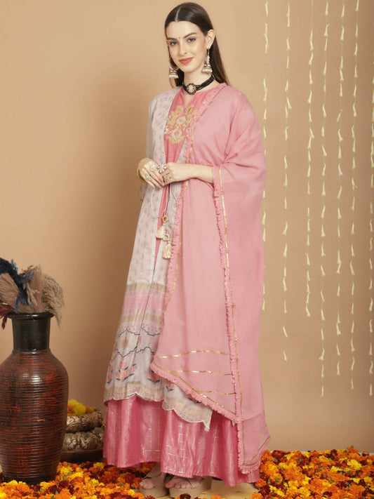 Aastha Fashion Women's Grey Chanderi Silk Elegant Jardoshi Semi Kurta with Trouser & Dupatta - Grab2buy