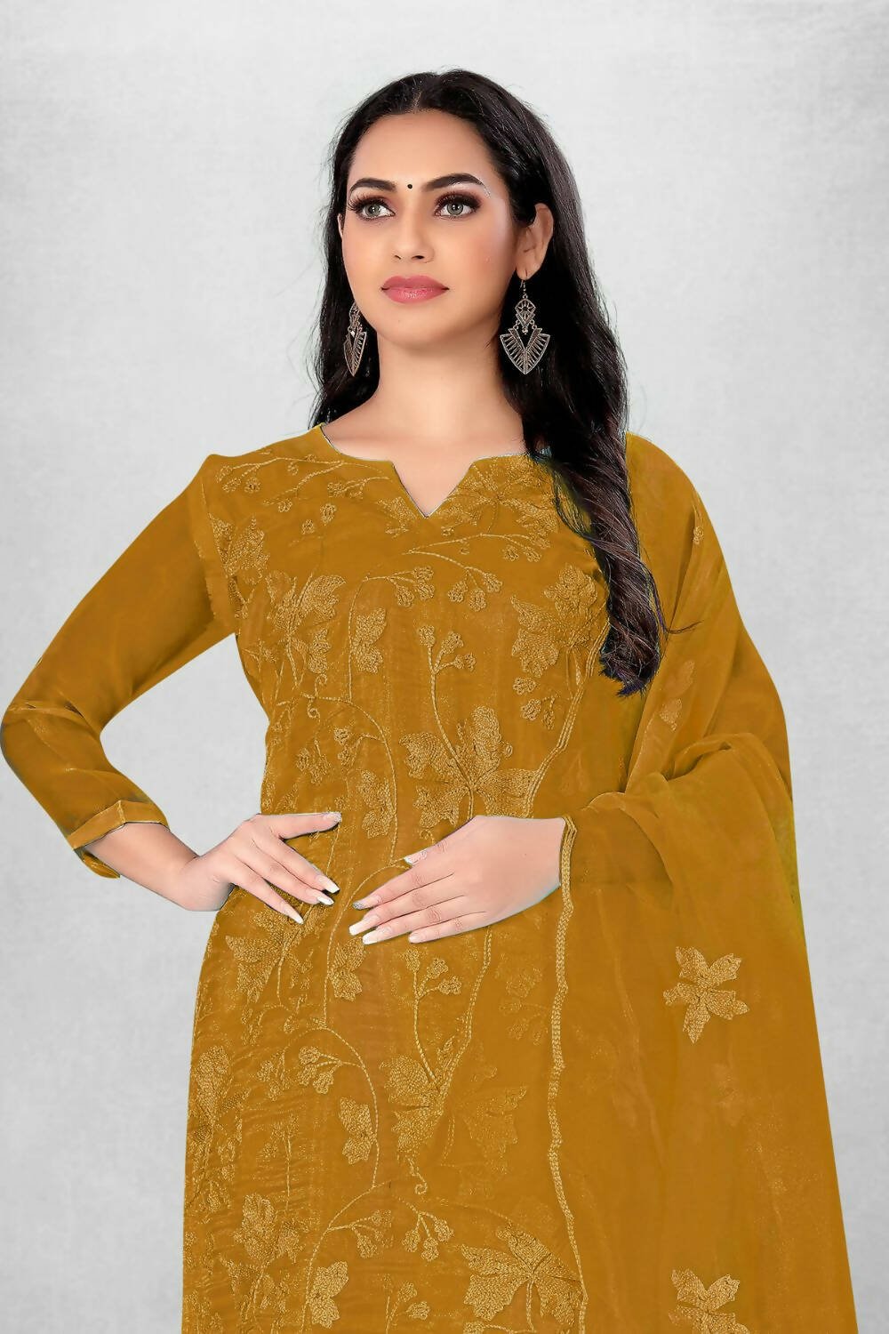 Mustard Heavy Organza Silk Embroidered Unstitched Dress Material - Amara