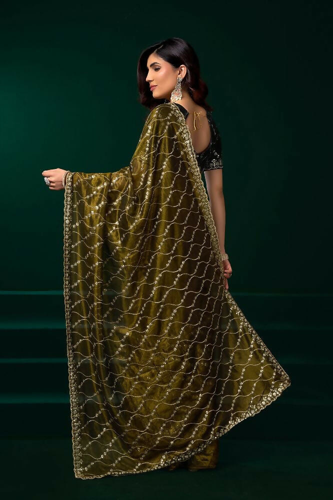Joban Fashion Mehandi Green Net Party Wear Sarees