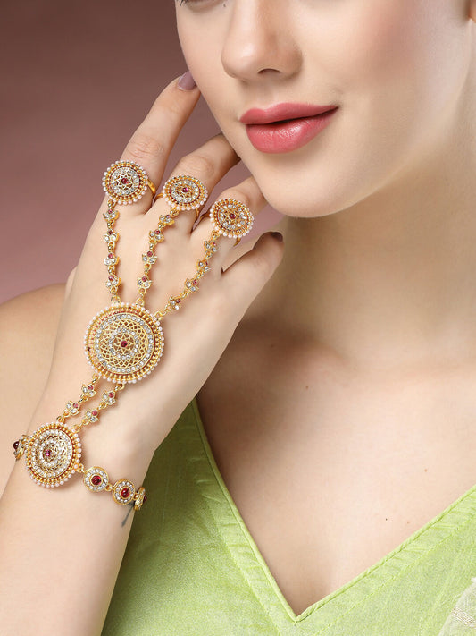 NVR Women's Gold-Polished CZ Stone-Studded Handcrafted Ring Bracelet