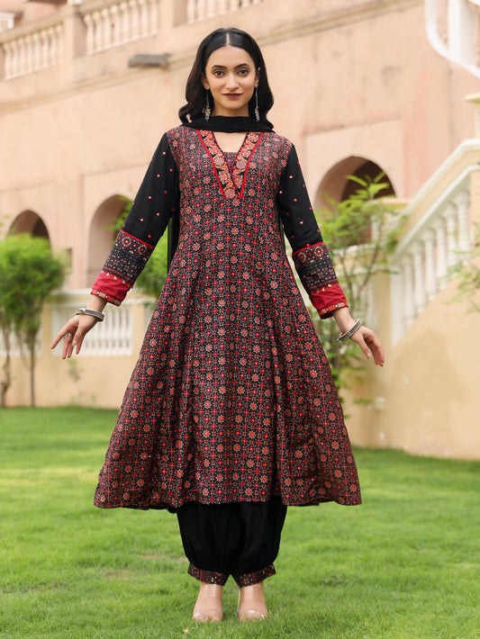 Juniper Women's The Mahautsavam Black Ethnic Motif Printed Muslin Kurta Pant And Dupatta With Thread & Mirror Work