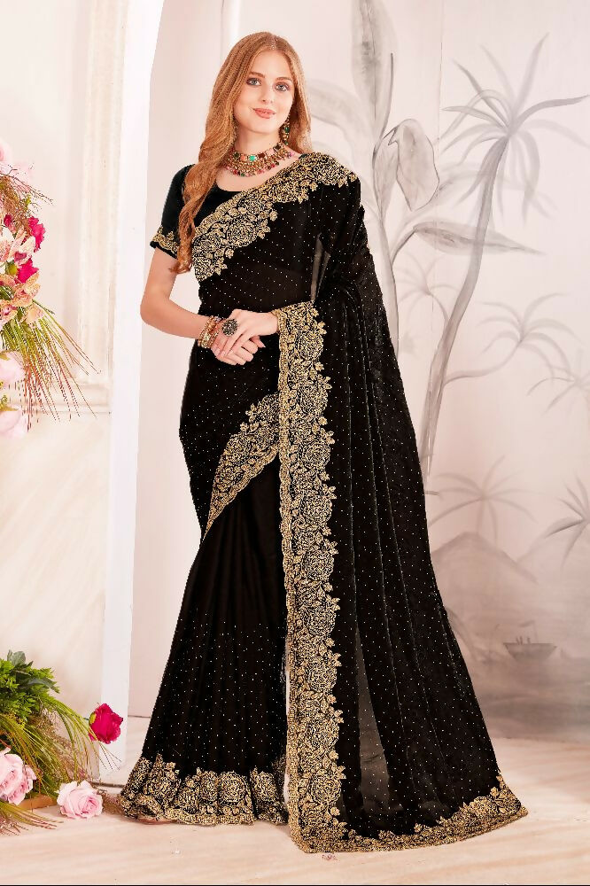 PR Fashion Black Fendi Two Tone Silk Heavy Zari & Resham Embroidery Work With Heavy Zircon Work Saree