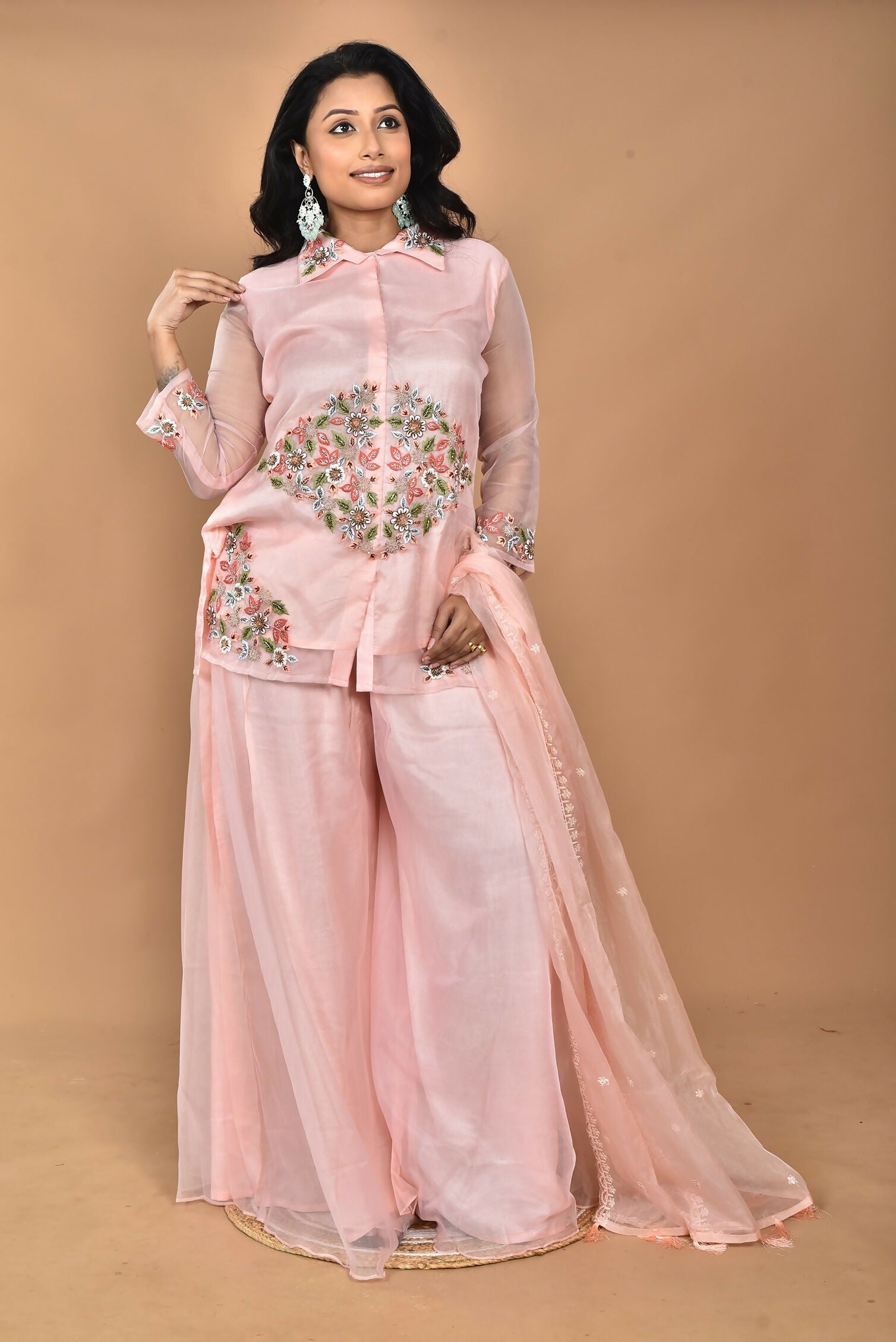 Morchari Women And Hand Embroidery Palazzo Set-Peach 