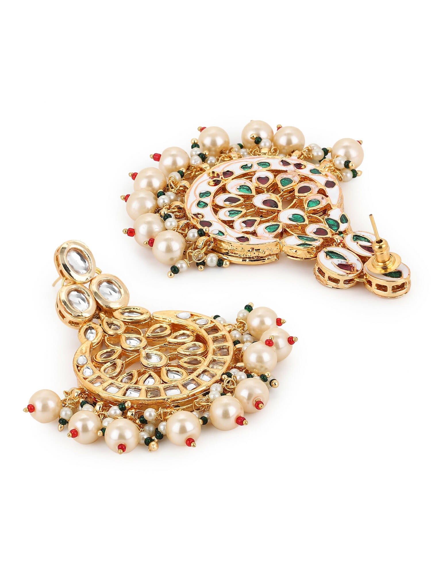 Gold-Toned White Kundan Contemporary Gold-Plated Chandbalis Earrings - Ruby Raang - Grab2buy