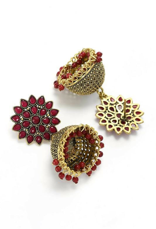 Mominos Fashion Joharkamal Kundan work Jhumka with Maroon Beads - Grab2buy
