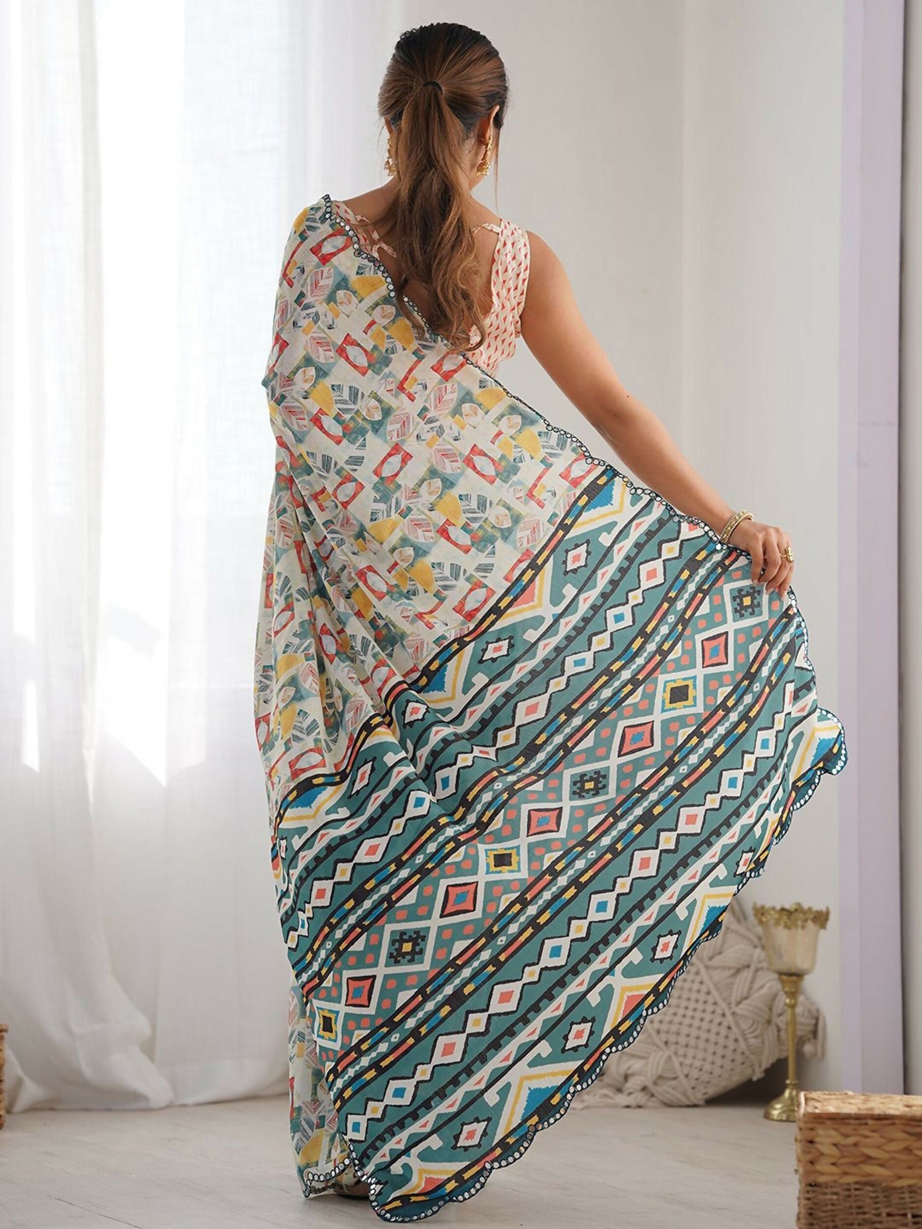 Designer Partywear Georgette White Fancy Saree - Durga