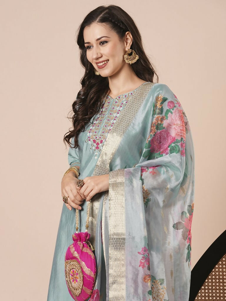 Sky Blue Viscose Chanderi Embroidery Work Kurta Set - Riya
