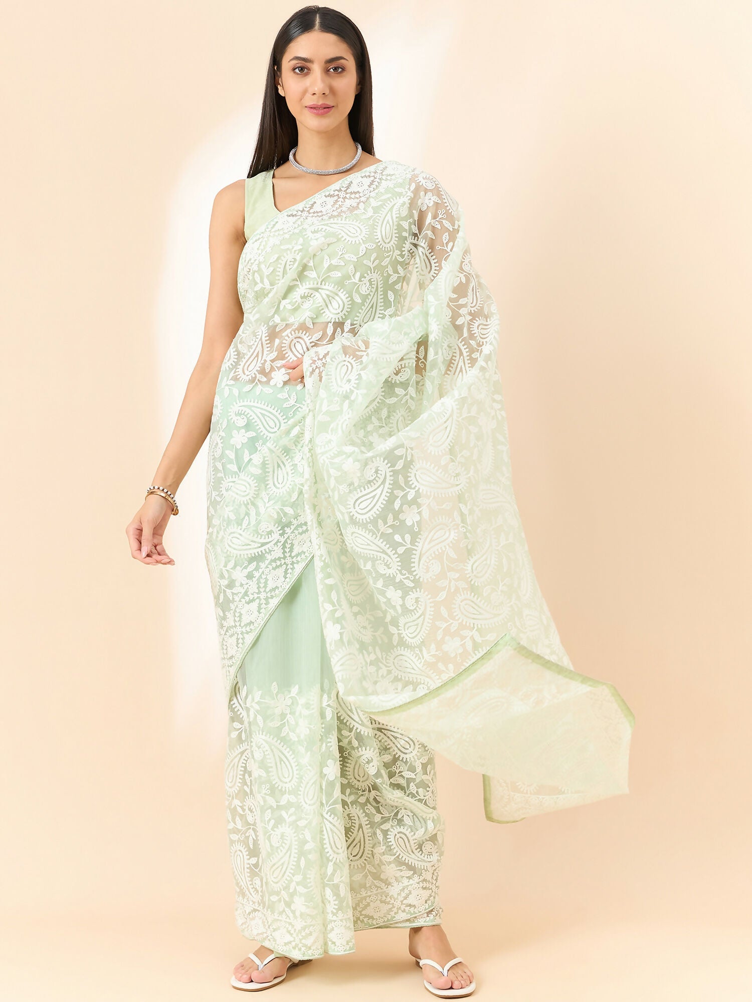 Green Organza Paisely Embroidered Saree with Unstitched Blouse Piece - Roozal