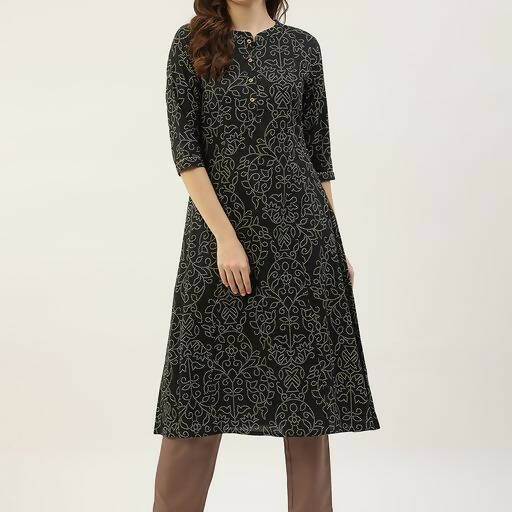 FIORRA Women's Black Printed Flared Cotton Kurta 