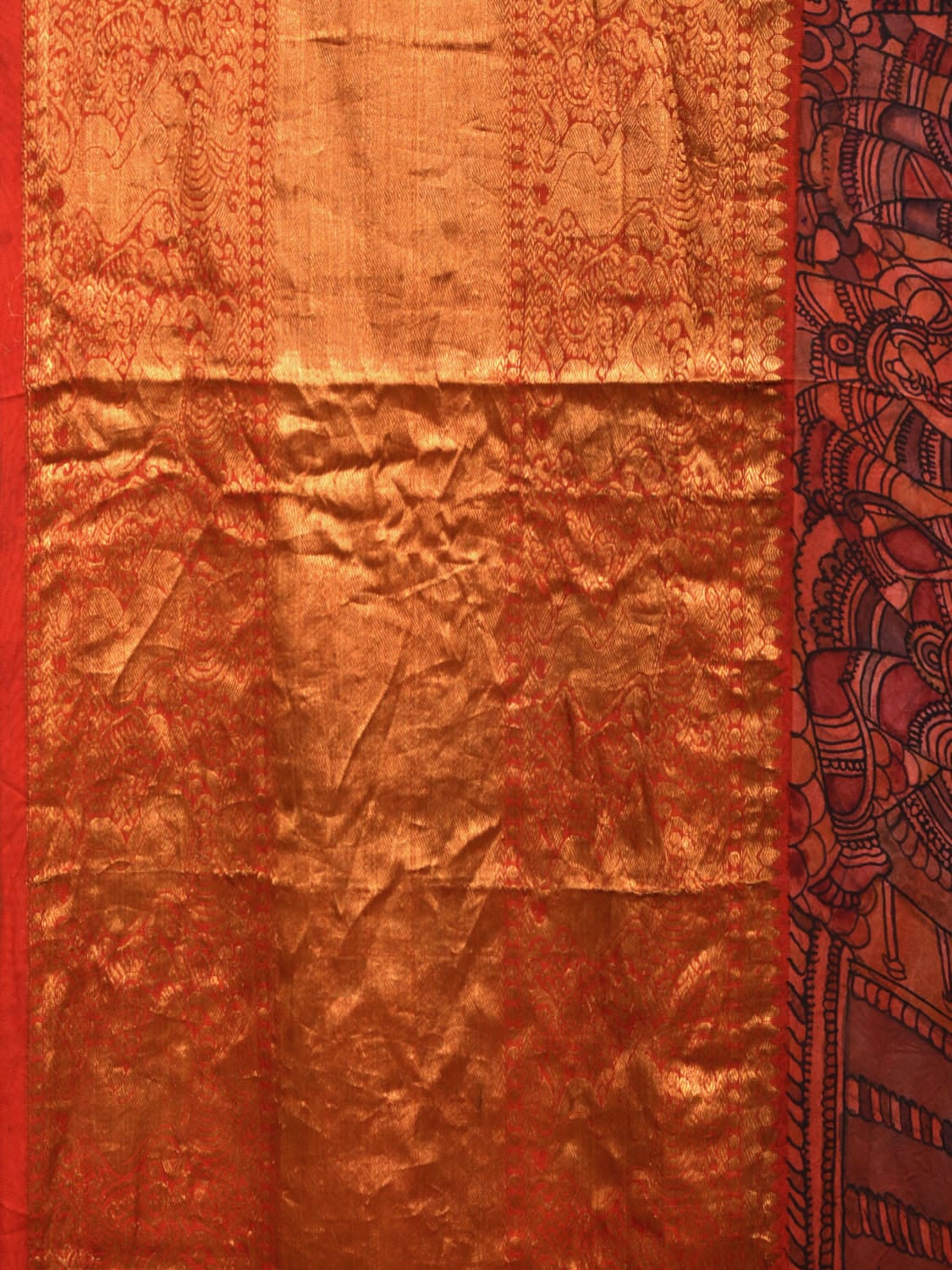 Multicolor Kalamkari Hand Painted Kanchipuram Silk Handloom Grab2Buy with Ramayana Design - Global Threads 