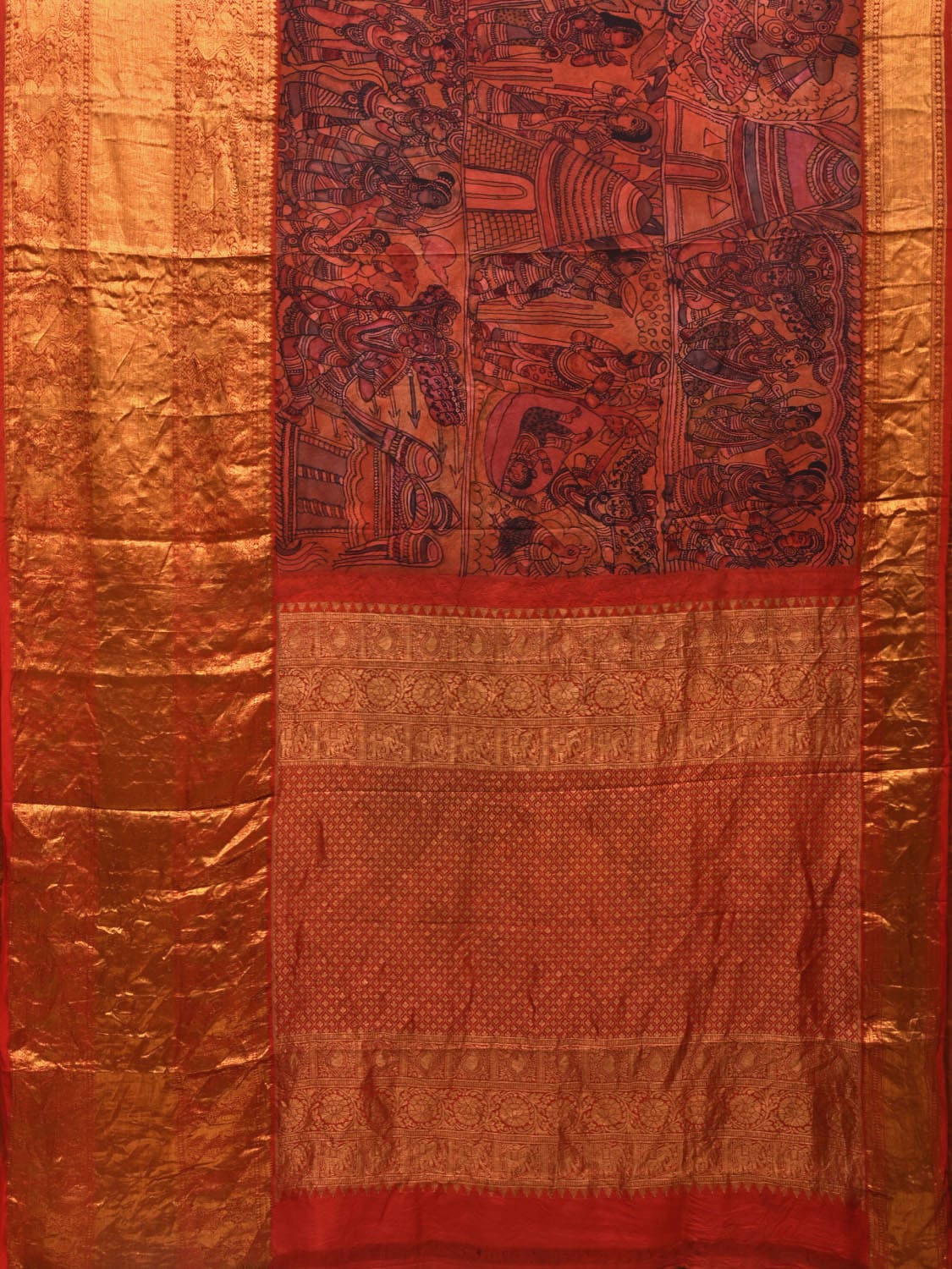 Multicolor Kalamkari Hand Painted Kanchipuram Silk Handloom Grab2Buy with Ramayana Design - Global Threads 