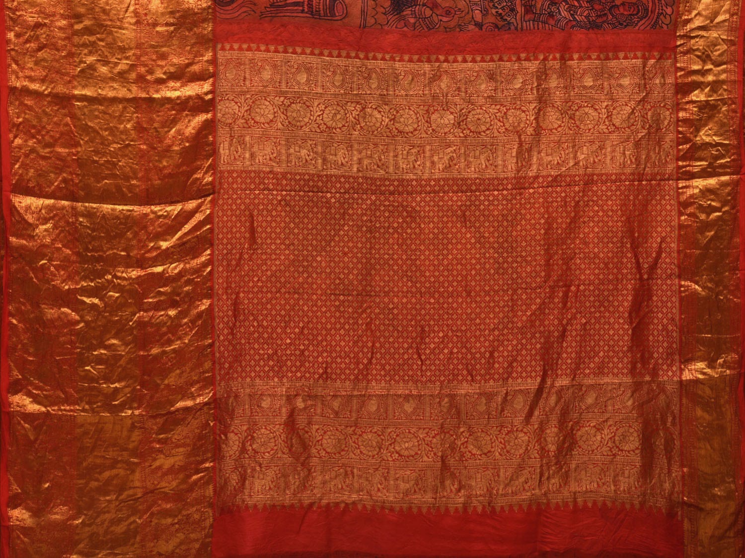 Multicolor Kalamkari Hand Painted Kanchipuram Silk Handloom Grab2Buy with Ramayana Design - Global Threads 