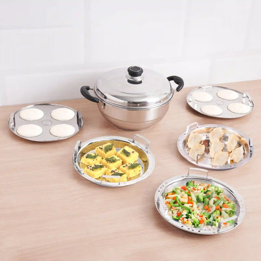 The Indus Valley 8 Pit Tri-Steel Multi Pot Premium Stainless Steel Idli/ Dhokla/ Momo Maker/ Veg Steaming Set, Tri-ply Induction Bottom, 5 Plates, 3L  Grab2Buy The Indus Valley Grab2Buy