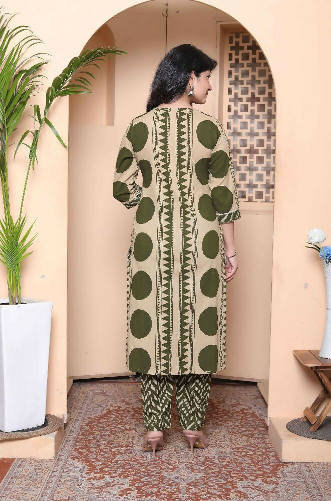 Miravan Womens Polka Dot Printed V-Neck Kurta With Palazzo And Dupatta Set