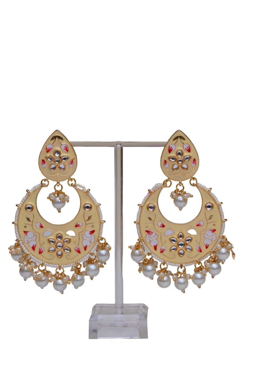 Gold Plated Brass & Pearl Dangle Women Cream Hand Painted Meenakari Chandbali Earrings By House of Ree - Grab2buy