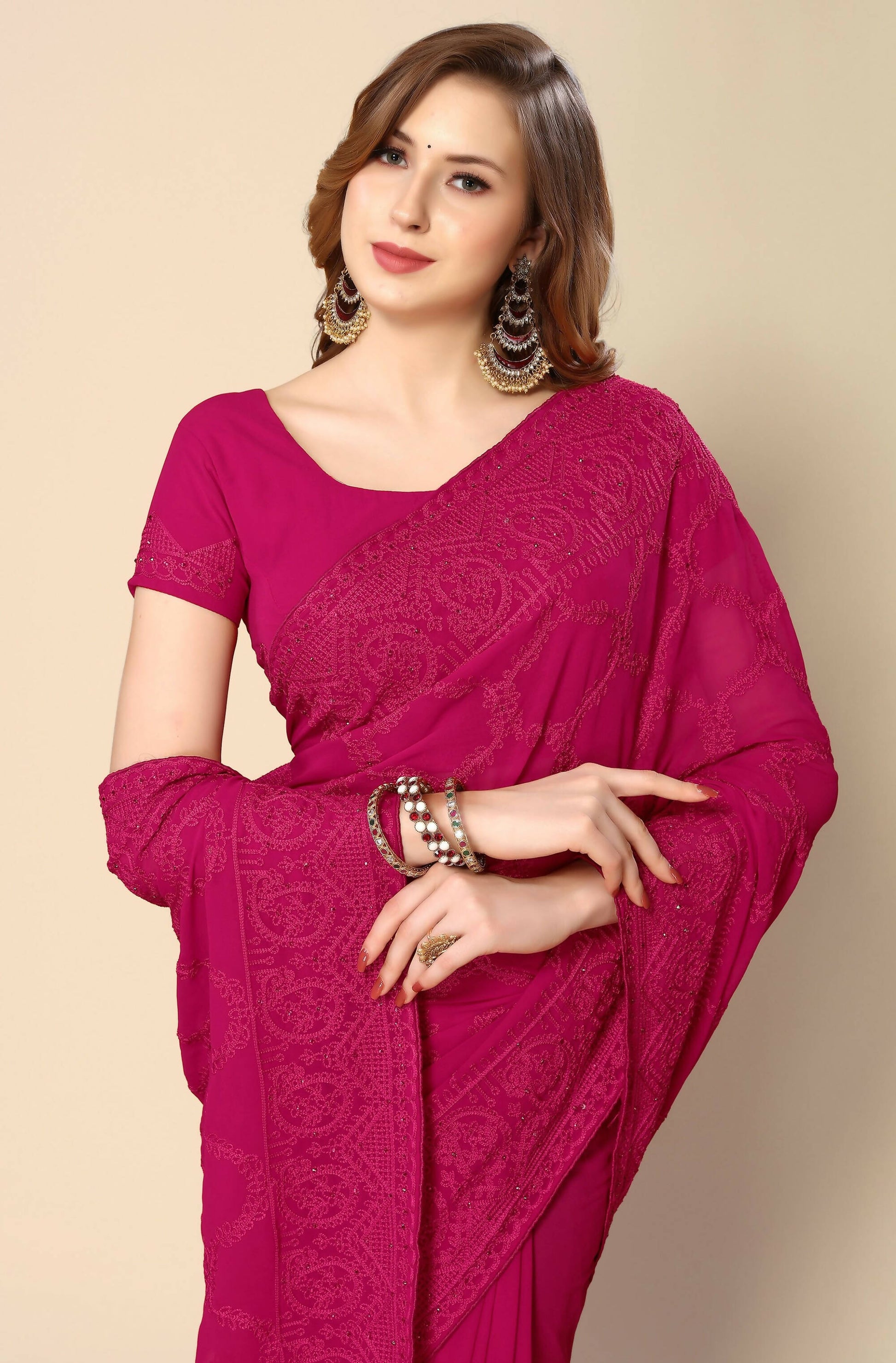 Pink Georgette Embroidered and Stone Work Saree with Unstitched Blouse Piece - Roozal