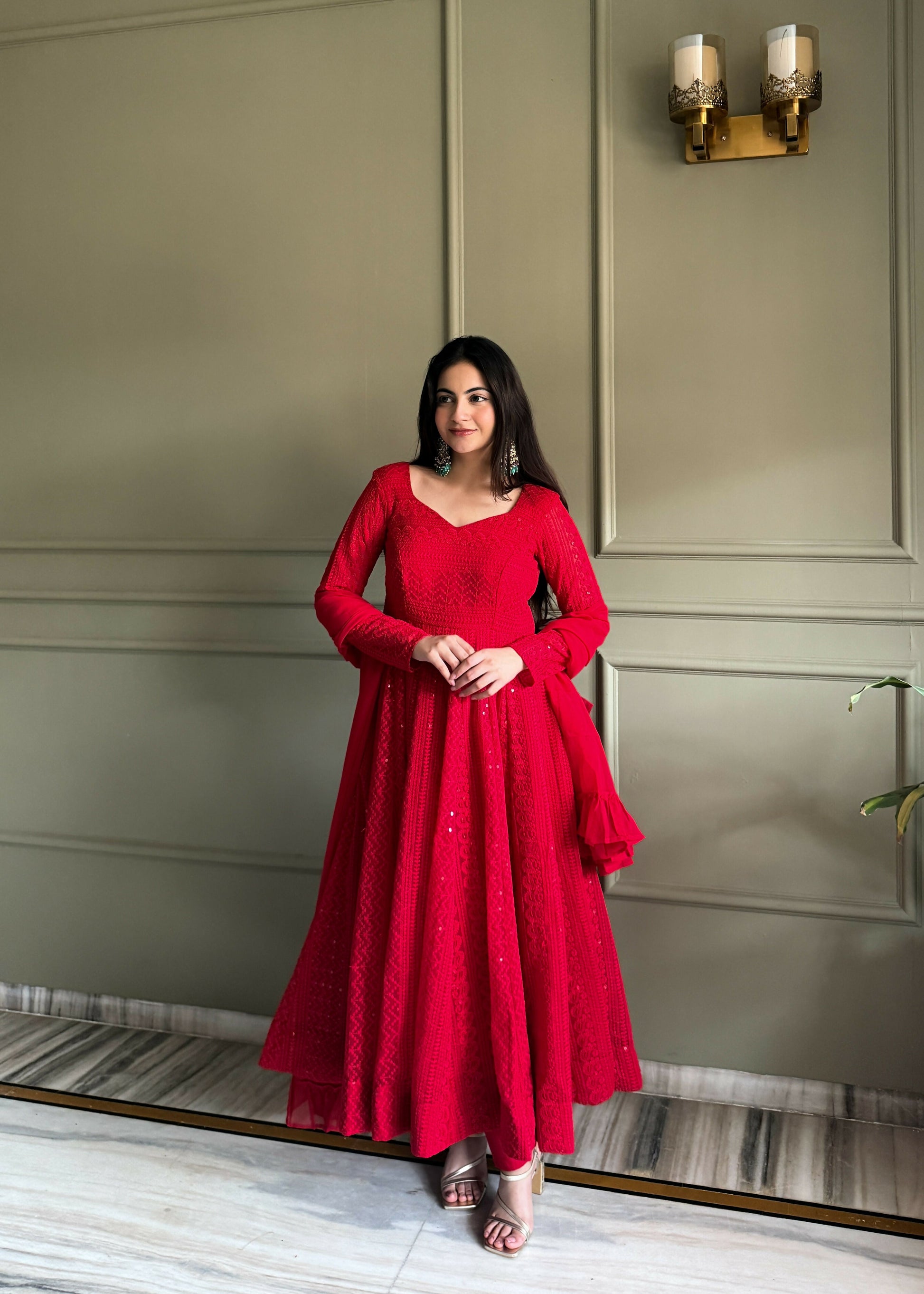 Teeya Creation Red Color Faux Georgette Heavy Embroidery Work Functional Wear Gown