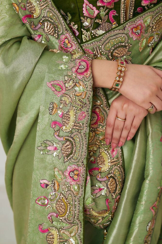 Kesar Fab Mehendi Color With Multi-Thread And Sequins Embroidery For Wedding Saree