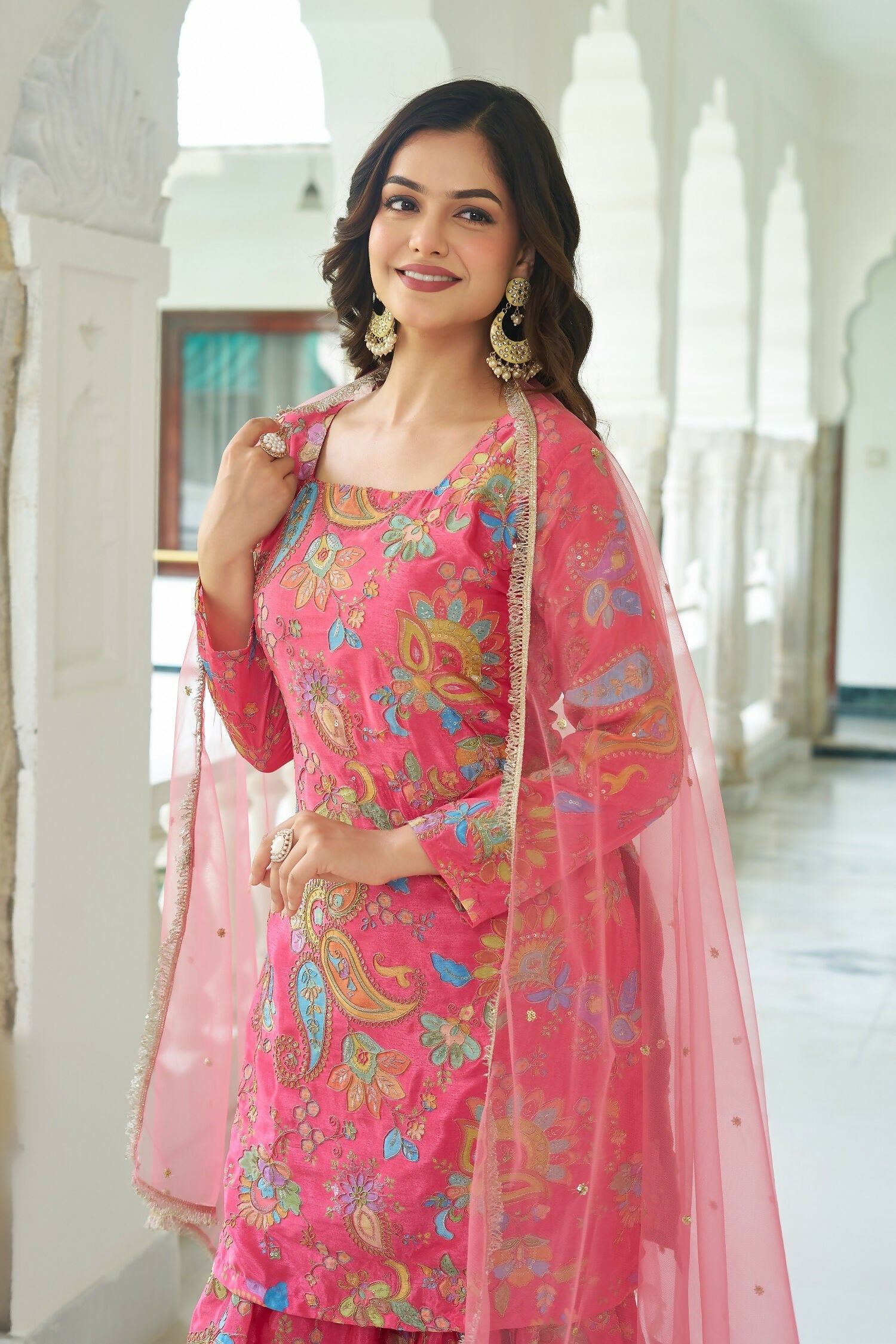 Joban Fashion Pink Chinnon Embroidery Sequence Work Readymade Kurta Set