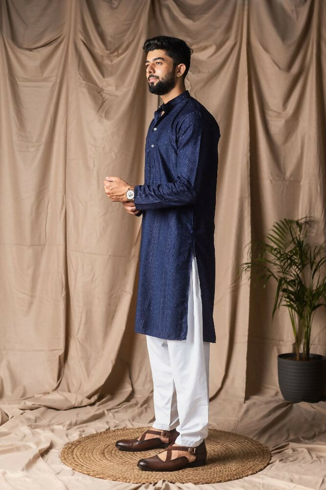 Navy Blue Rayon Thread Embroidery Work Kurta Set - Mahotsav