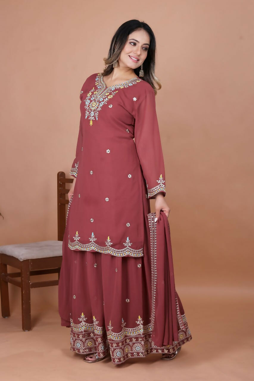 Joban Fashion Maroon Georgette Embroidered Sharara Set