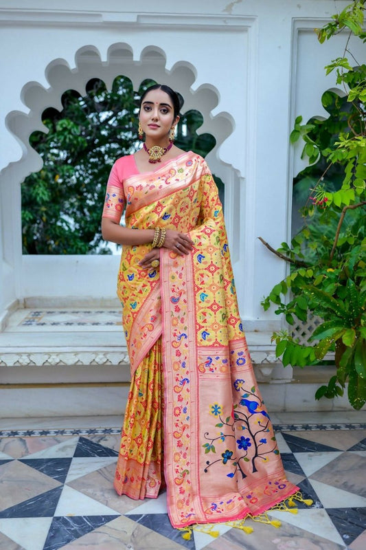 Aastha Fashion Yellow Woven Paithani Silk Saree with Blouse - Grab2buy