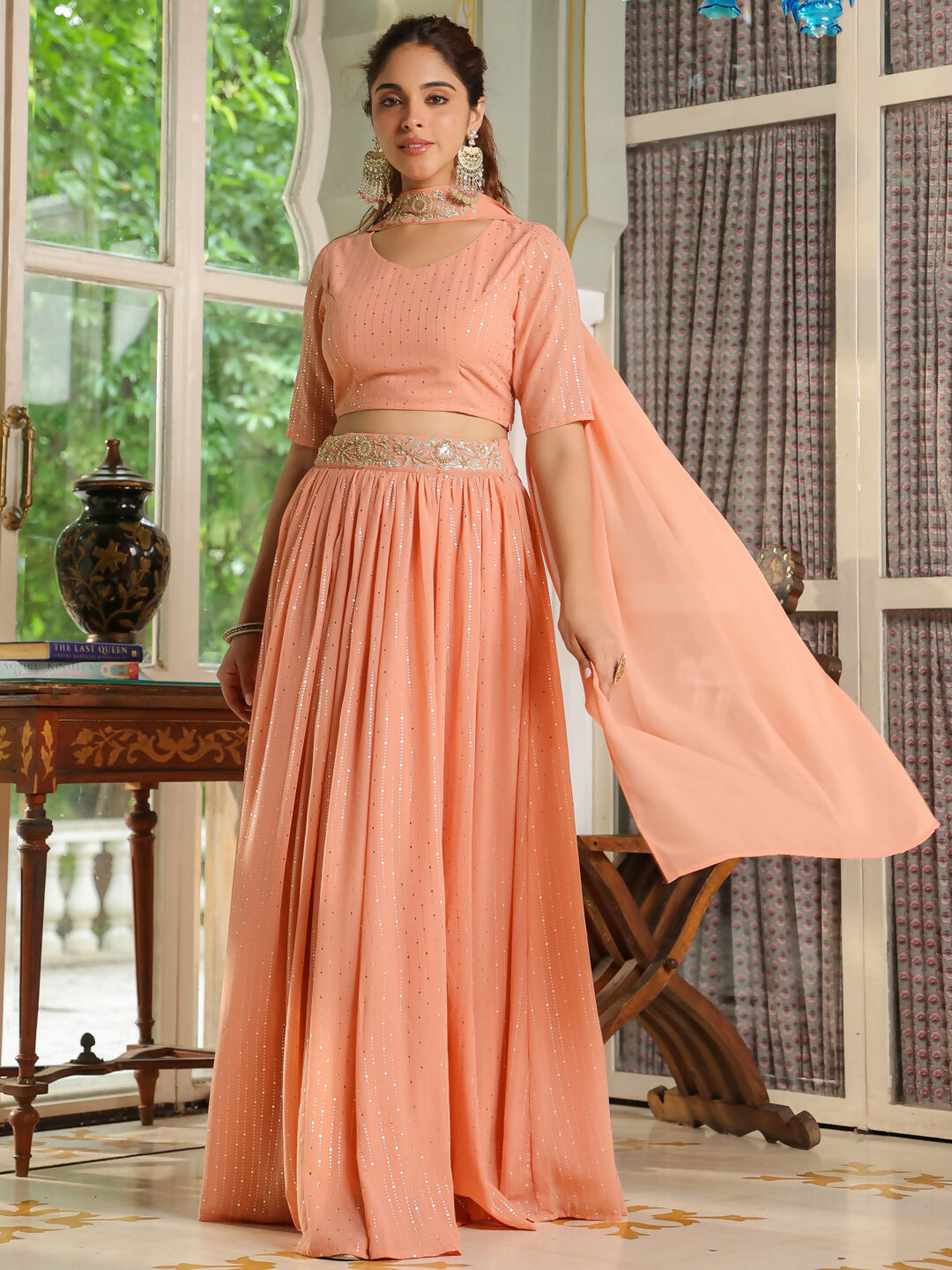 Janasya Peach Georgette Foil Print Lehenga Choli Dupatta 