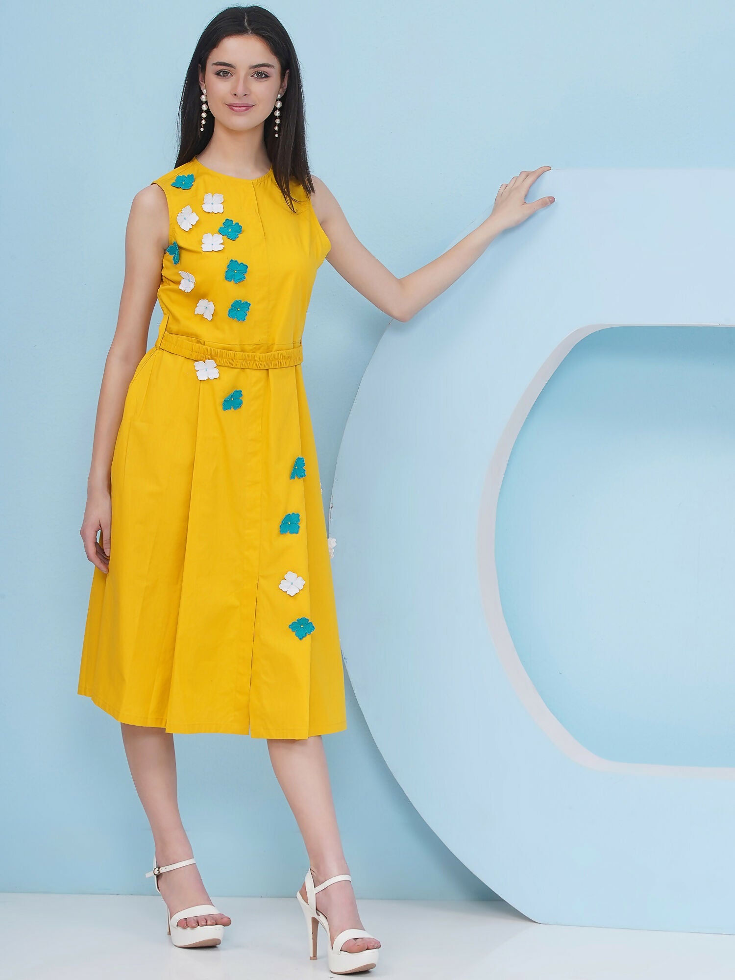 Joban Fashion Yellow Dress with 3D Flower Embroidery and Belt