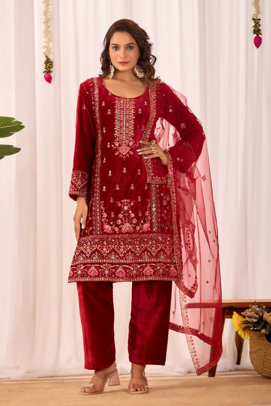 Joban Fashion Red Kurta Set Velvet Embroidery Sequence Work