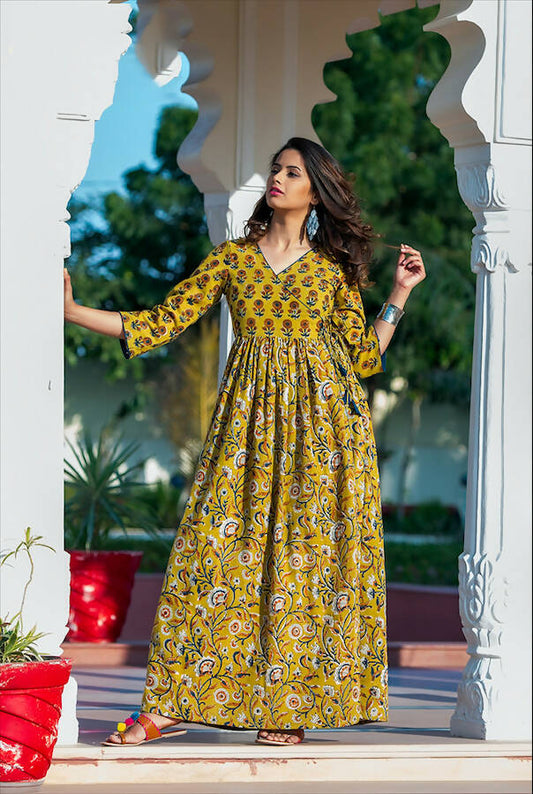 Partywear Designer Yellow Pure Maslin Gown - Anbazaar - Grab2buy