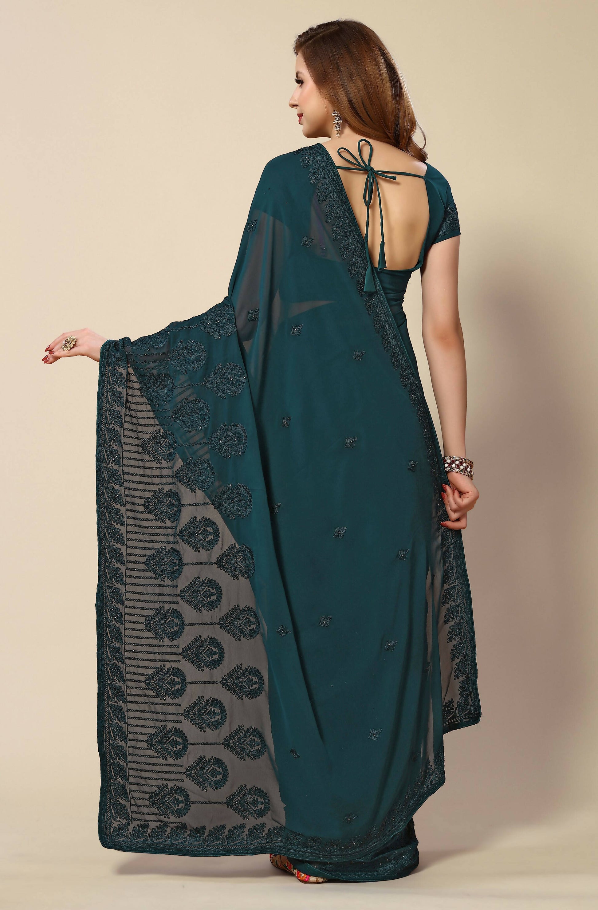 Teal Georgette Embroidered and Stone Work Saree with Unstitched Blouse Piece - Roozal
