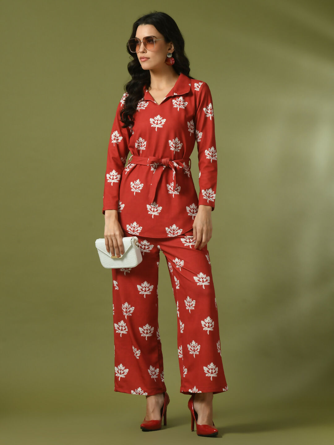 Myshka Women's Rust Printed Polo Collar Party Top With Trousers Co-ord set 