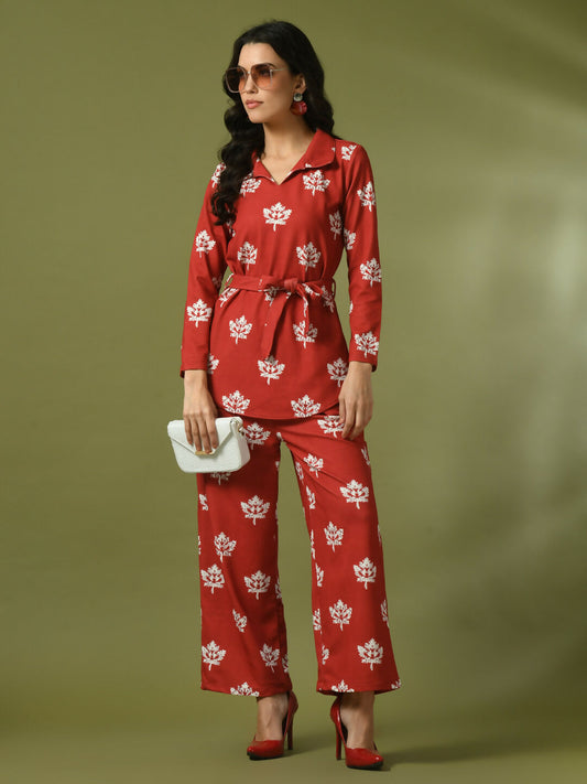 Myshka Women's Rust Printed Polo Collar Party Top With Trousers Co-ord set 