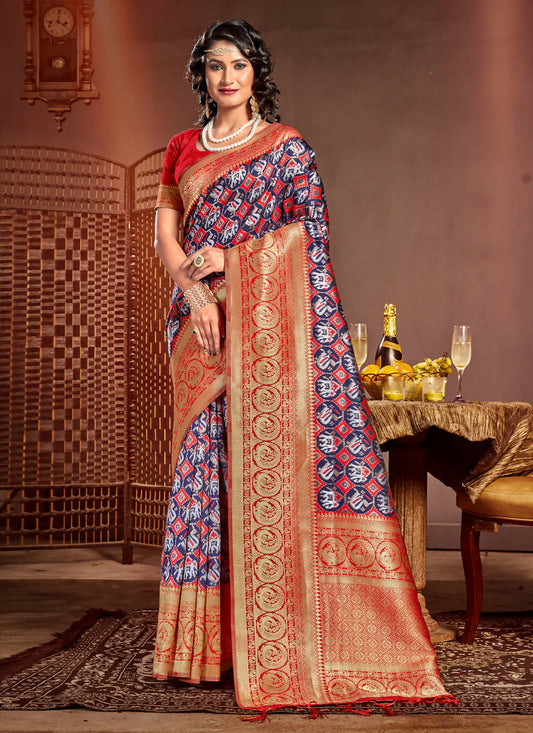Blue Patola Silk Zari Woven Design Saree with Unstitched Blouse Piece - Aachal